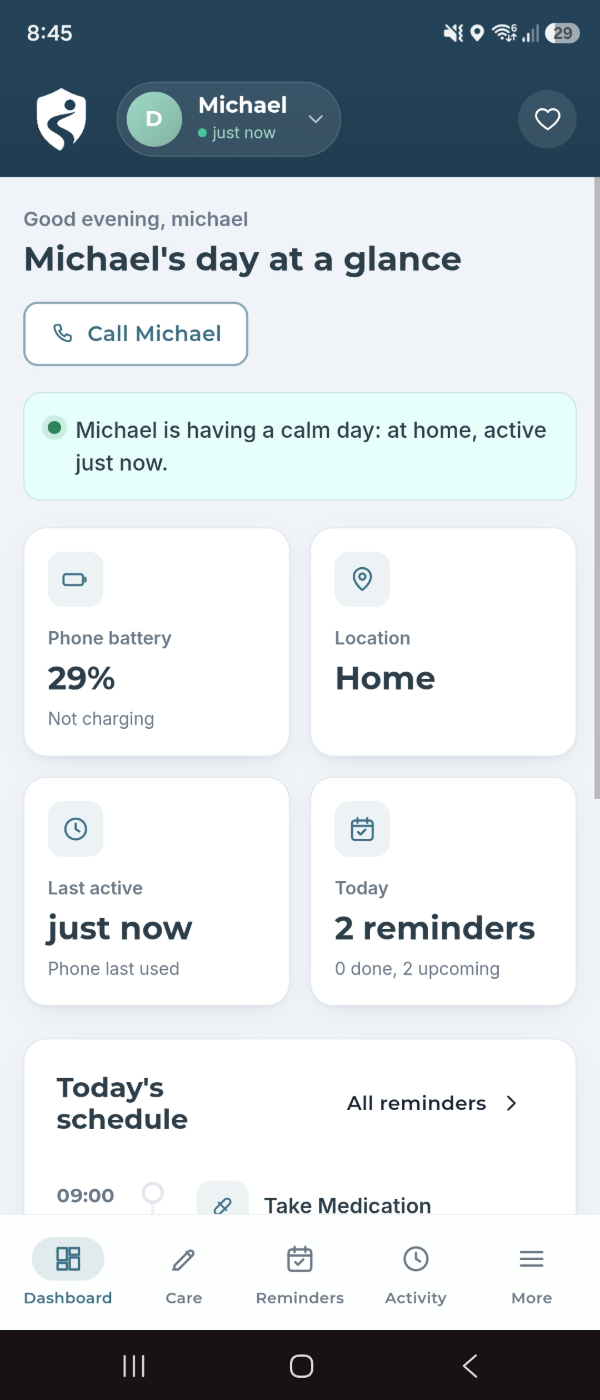 Mary Companion showing the supported person&rsquo;s day at a glance, battery, location and reminders