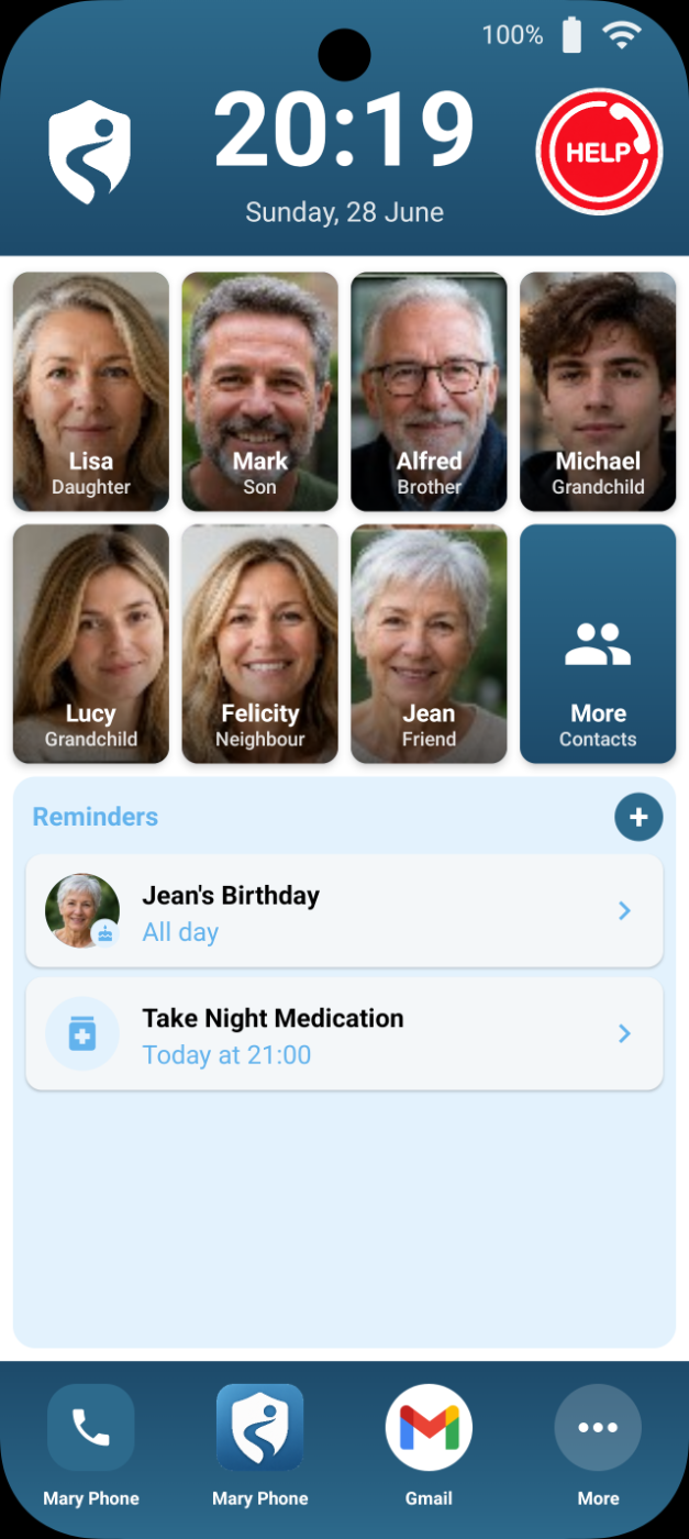 The Mary home screen showing favourite contacts, reminders and a HELP button