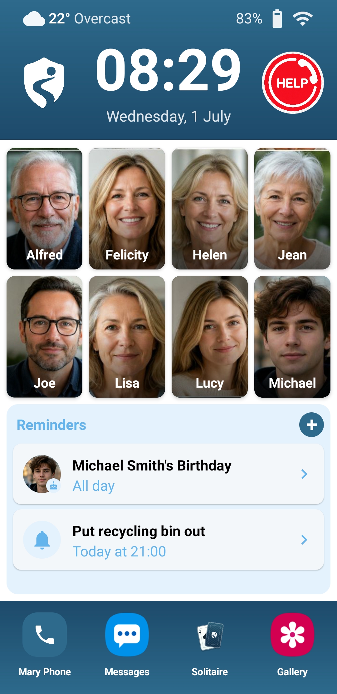 The Mary home screen: large photos of family, clear reminders and a big HELP button