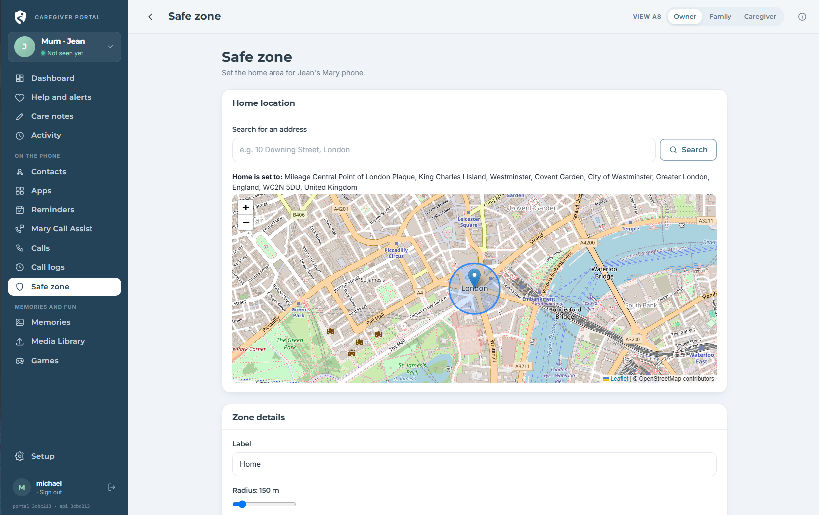 The Mary Portal web dashboard showing a Safe zone home-location map for Jean