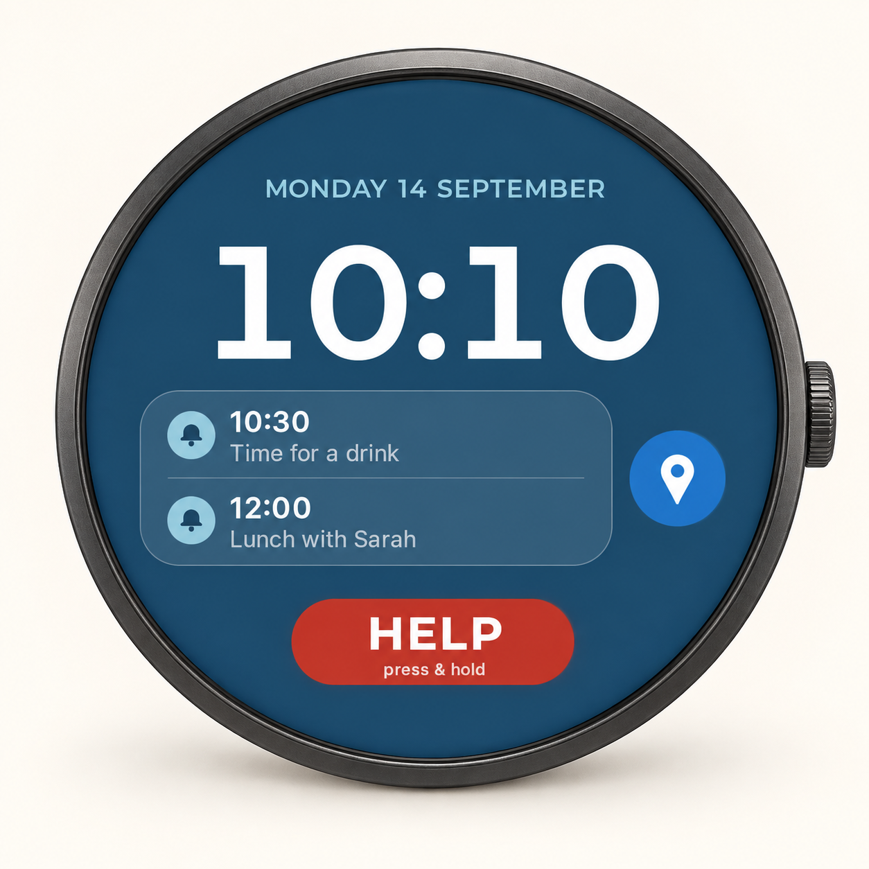 Mary Watch preview on a circular smartwatch, showing the time, reminders and a HELP button